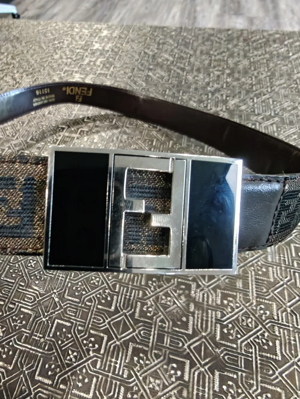 🐢 Fendi Silver and Black Logo Plate Belt Buckle Vintage
